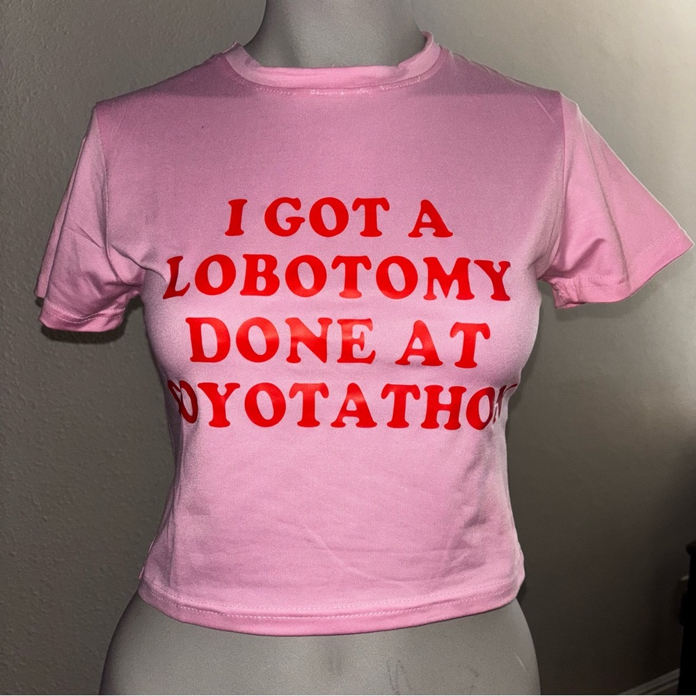 Amazon Pink Crop Top with Red Text